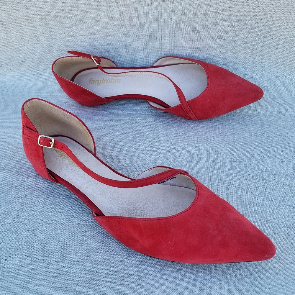 Farylrobin Women's 8.5 Red Anthropologie Suede Pointed Toe Cross Strap Flats
